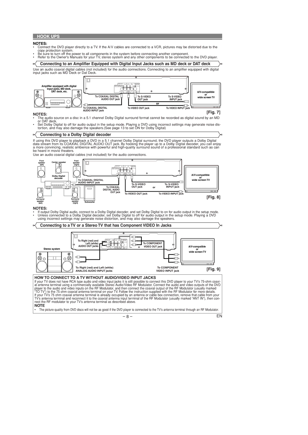 Sylvania DVL100D owner manual Connecting to a Dolby Digital decoder, HOW to Connect to a TV Without AUDIO/VIDEO Input Jacks 