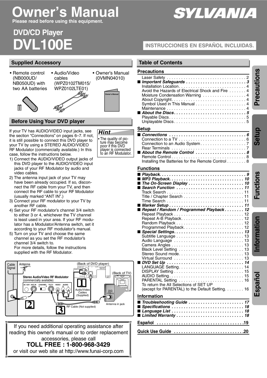 Sylvania DVL100E owner manual Hint, Supplied Accessory, Table of Contents, Before Using Your DVD player 