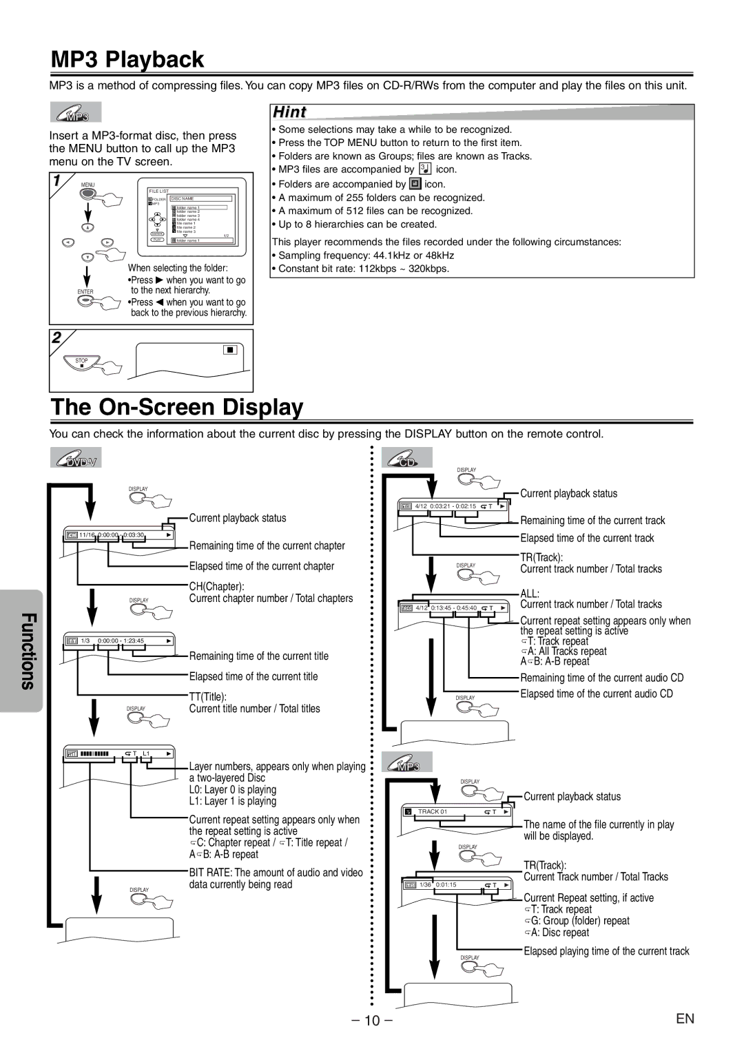 Sylvania DVL100E owner manual MP3 Playback, On-Screen Display 