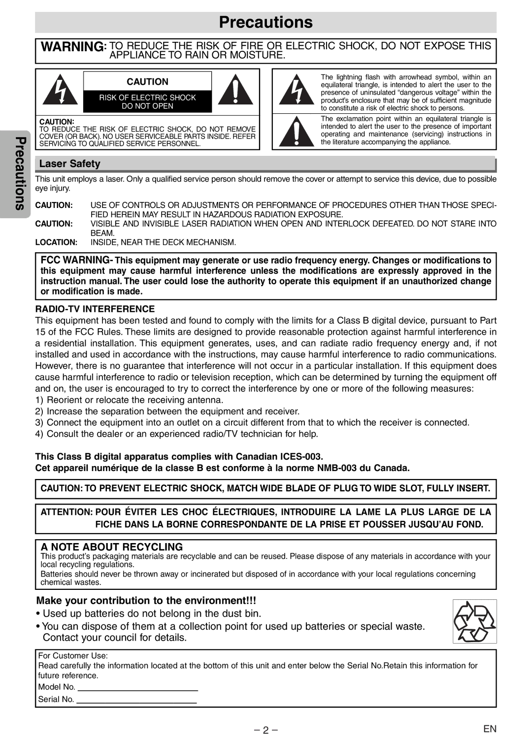 Sylvania DVL100E owner manual Precautions, Laser Safety, Make your contribution to the environment, RADIO-TV Interference 