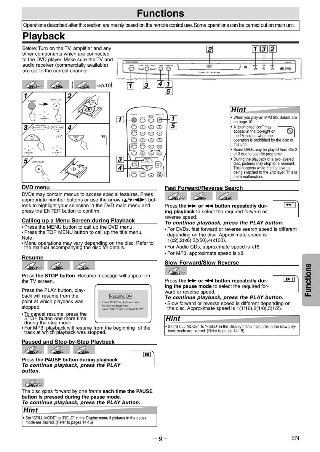 Sylvania DVL100E Functions, Playback, Press the g or h button repeatedly dur, Press the Pause button during playback 