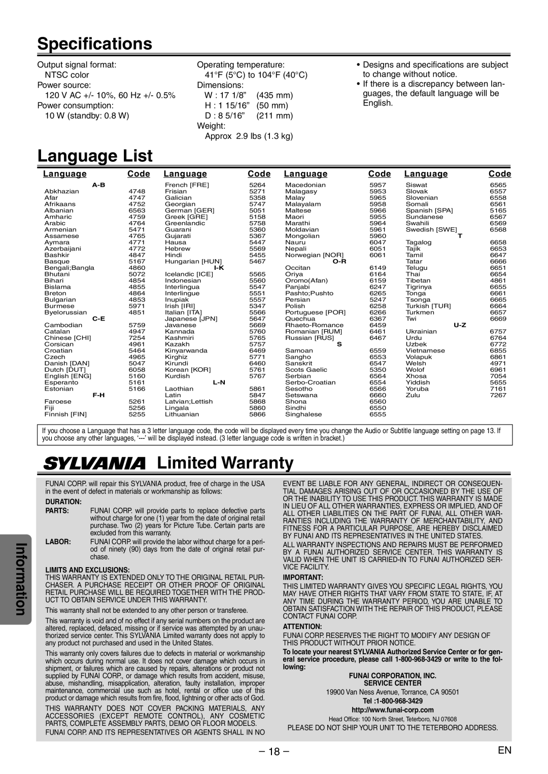 Sylvania DVL100E owner manual Specifications, Language List, Limited Warranty, Information 