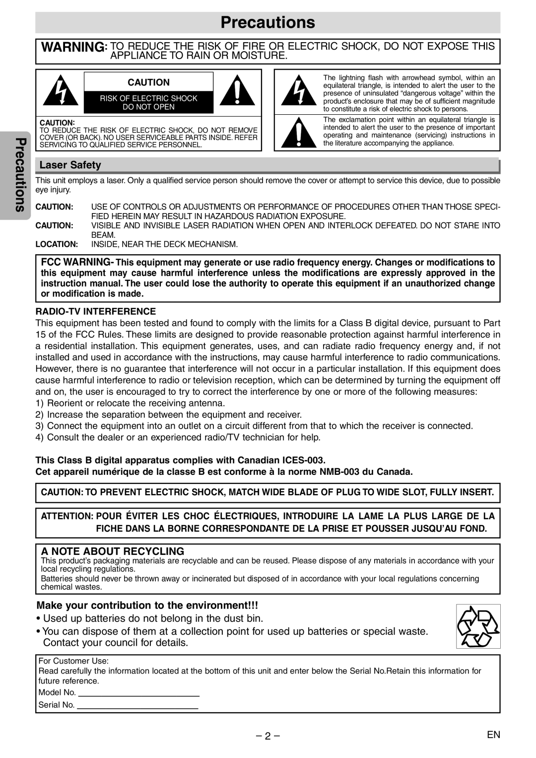 Sylvania DVL100E owner manual Precautions, Laser Safety, A Note About Recycling, Make your contribution to the environment 