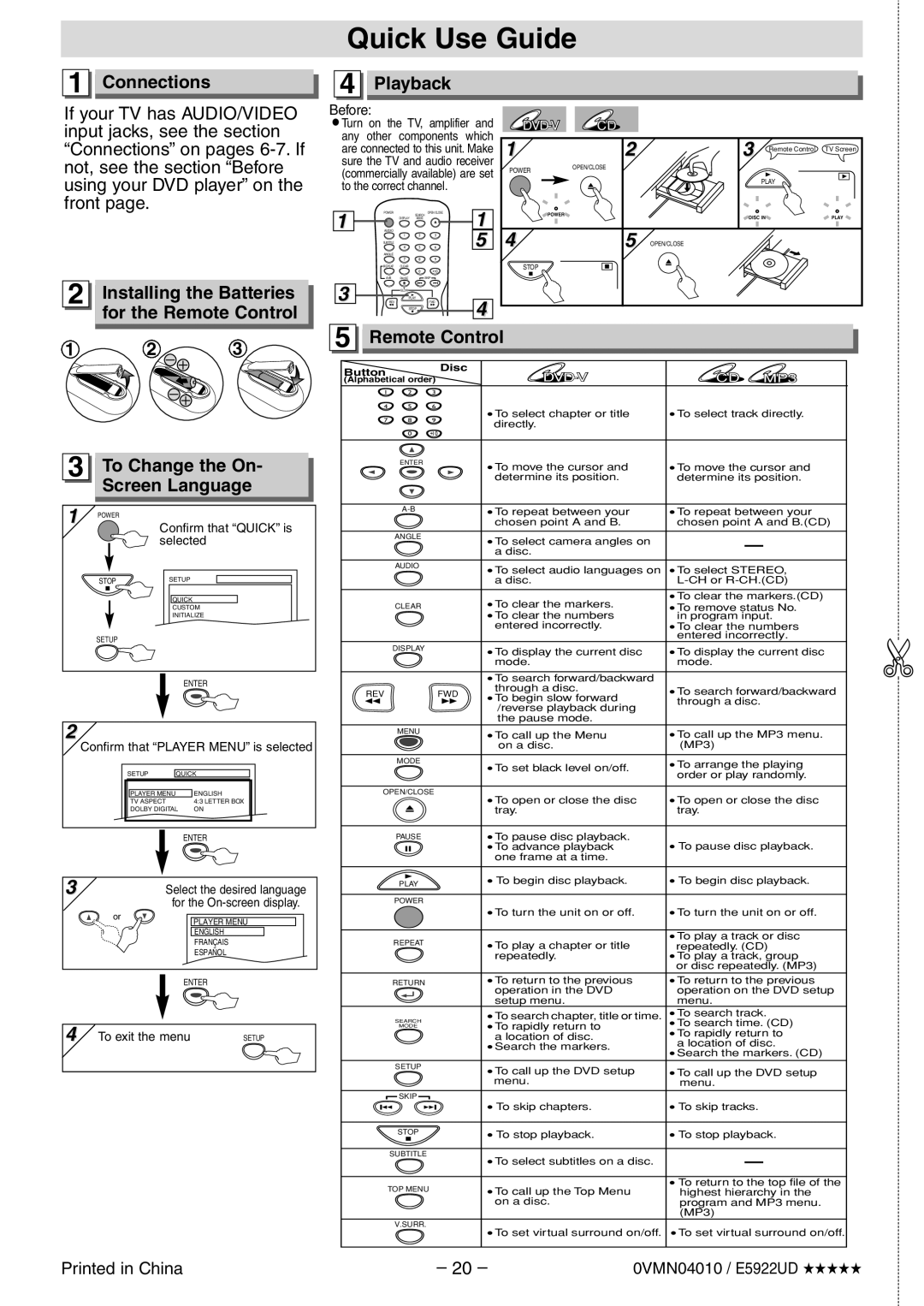 Sylvania DVL100E Quick Use Guide, Connections, Playback, Installing the Batteries, for the Remote Control, Dvd-V, selected 