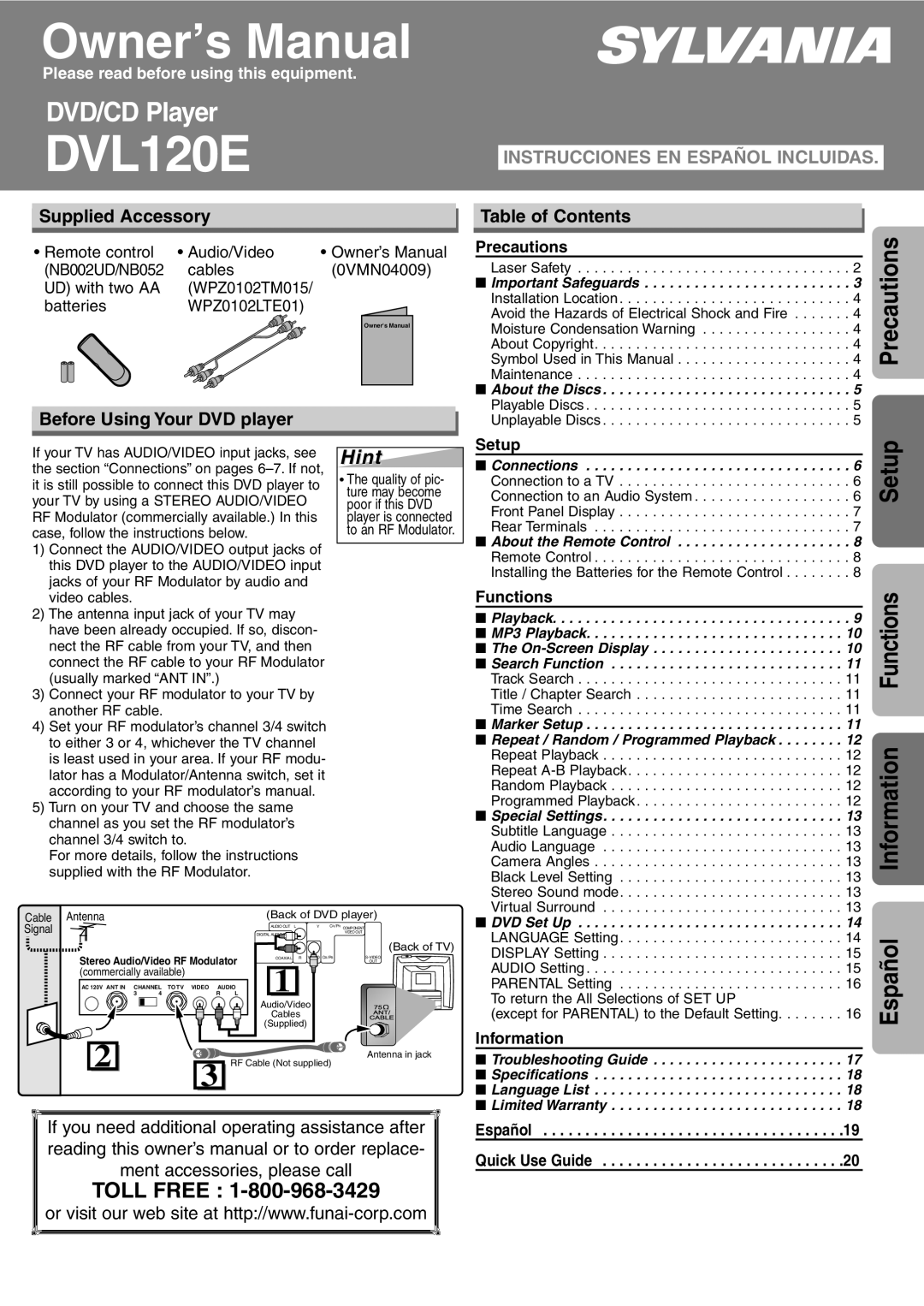 Sylvania DVL120E owner manual Hint, Supplied Accessory, Table of Contents, Before Using Your DVD player 