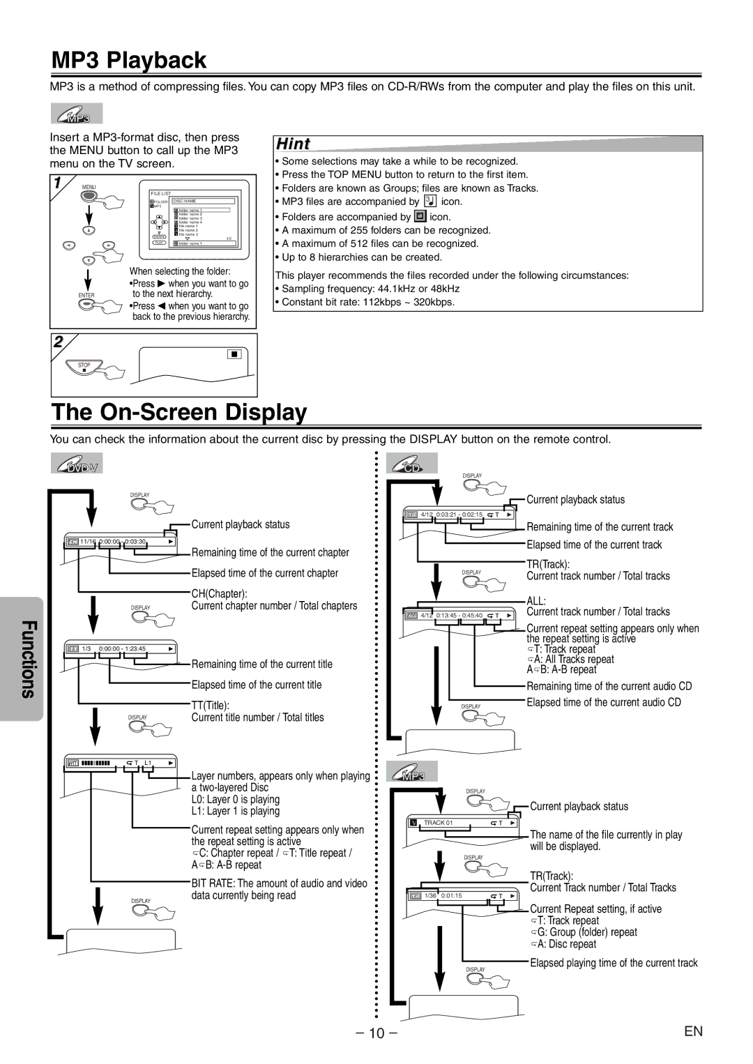 Sylvania DVL120E owner manual MP3 Playback, On-Screen Display 