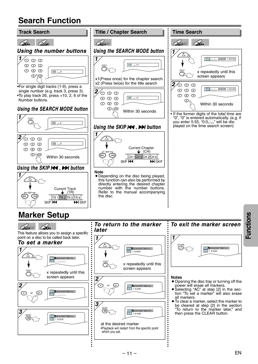 Sylvania DVL120E owner manual Search Function, Marker Setup 