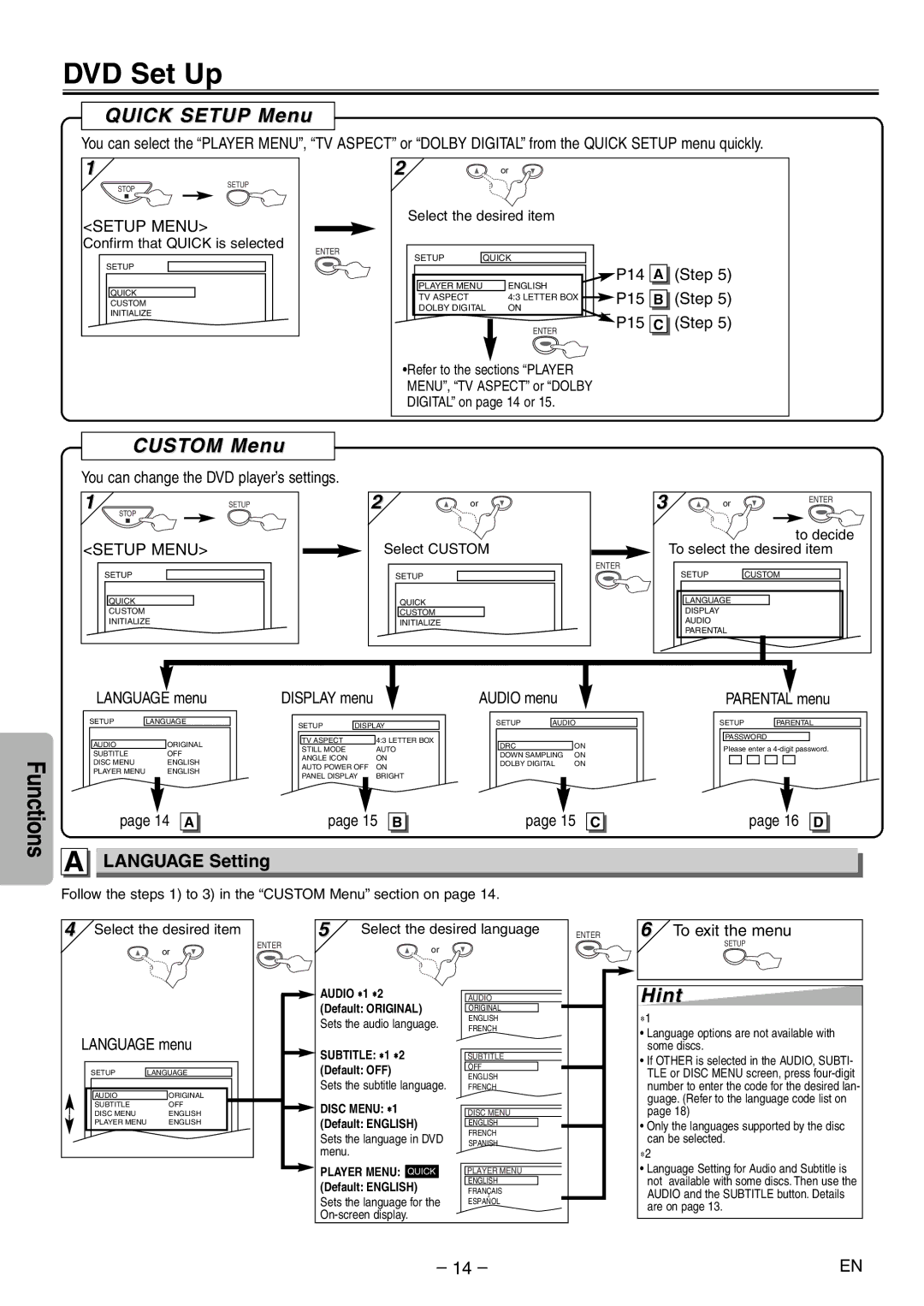Sylvania DVL120E owner manual DVD Set Up, Quick Setup Menu, Custom Menu, Language Setting 
