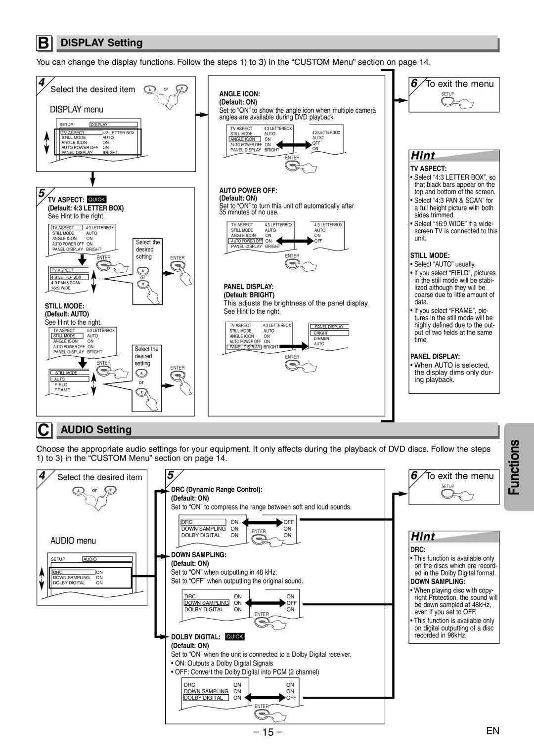 Sylvania DVL120E owner manual Display Setting, Audio Setting 