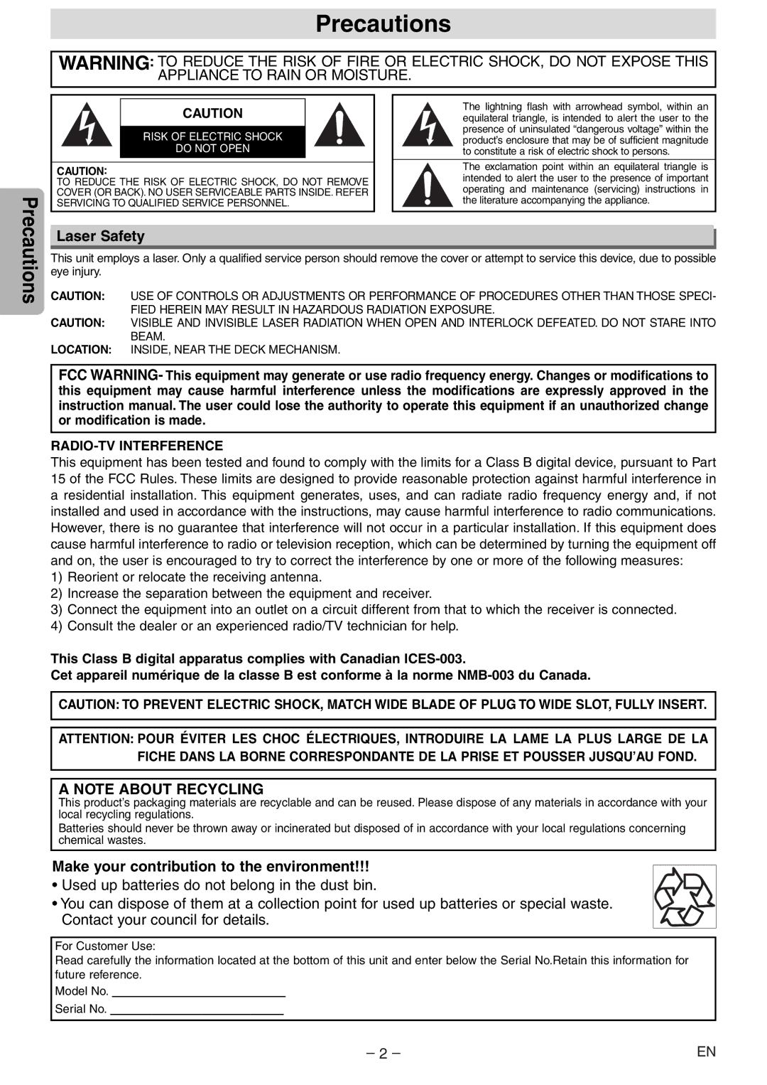 Sylvania DVL120E owner manual Precautions, Laser Safety, Make your contribution to the environment, RADIO-TV Interference 