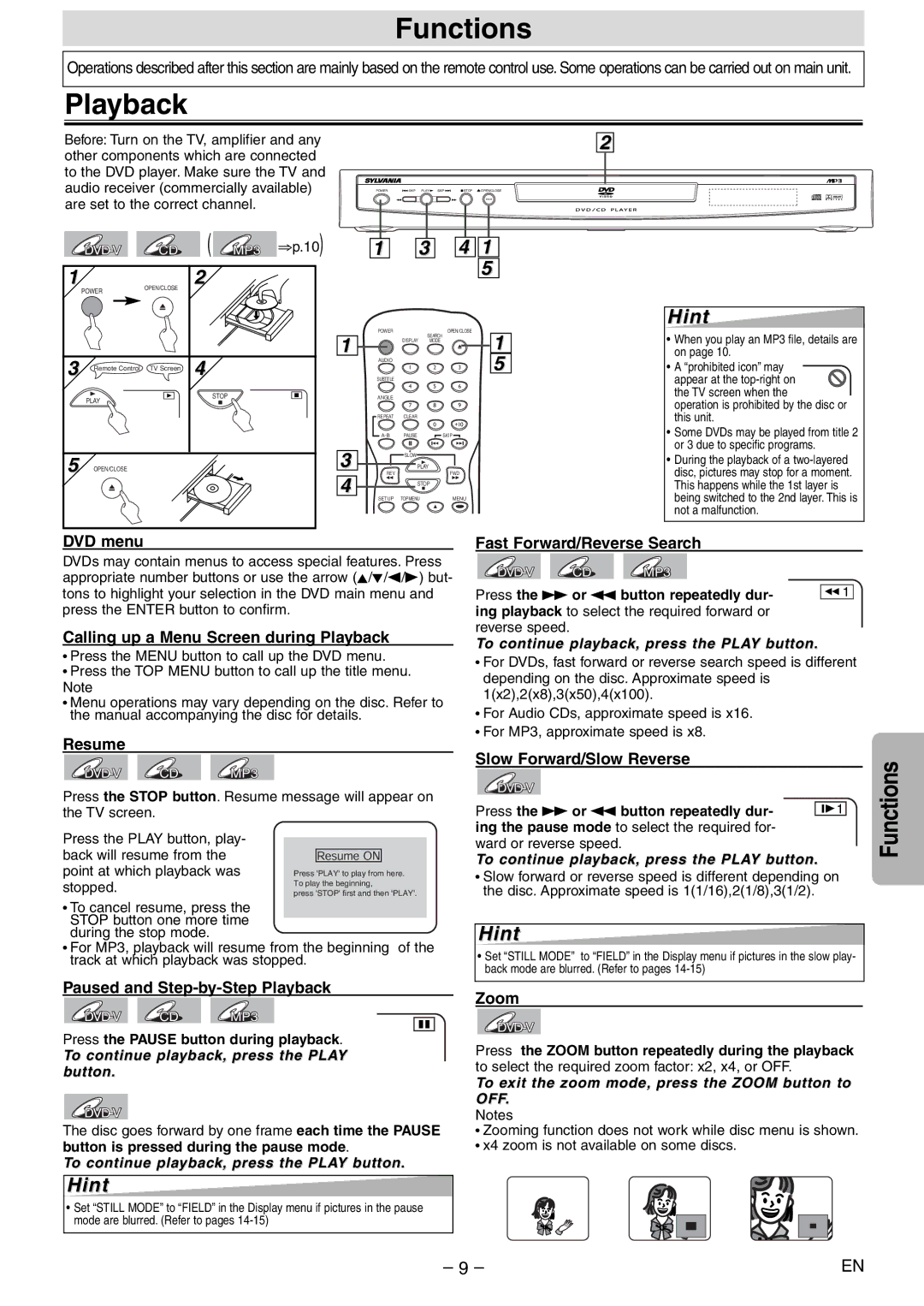 Sylvania DVL120E owner manual Functions, Playback, Press the Pause button during playback 