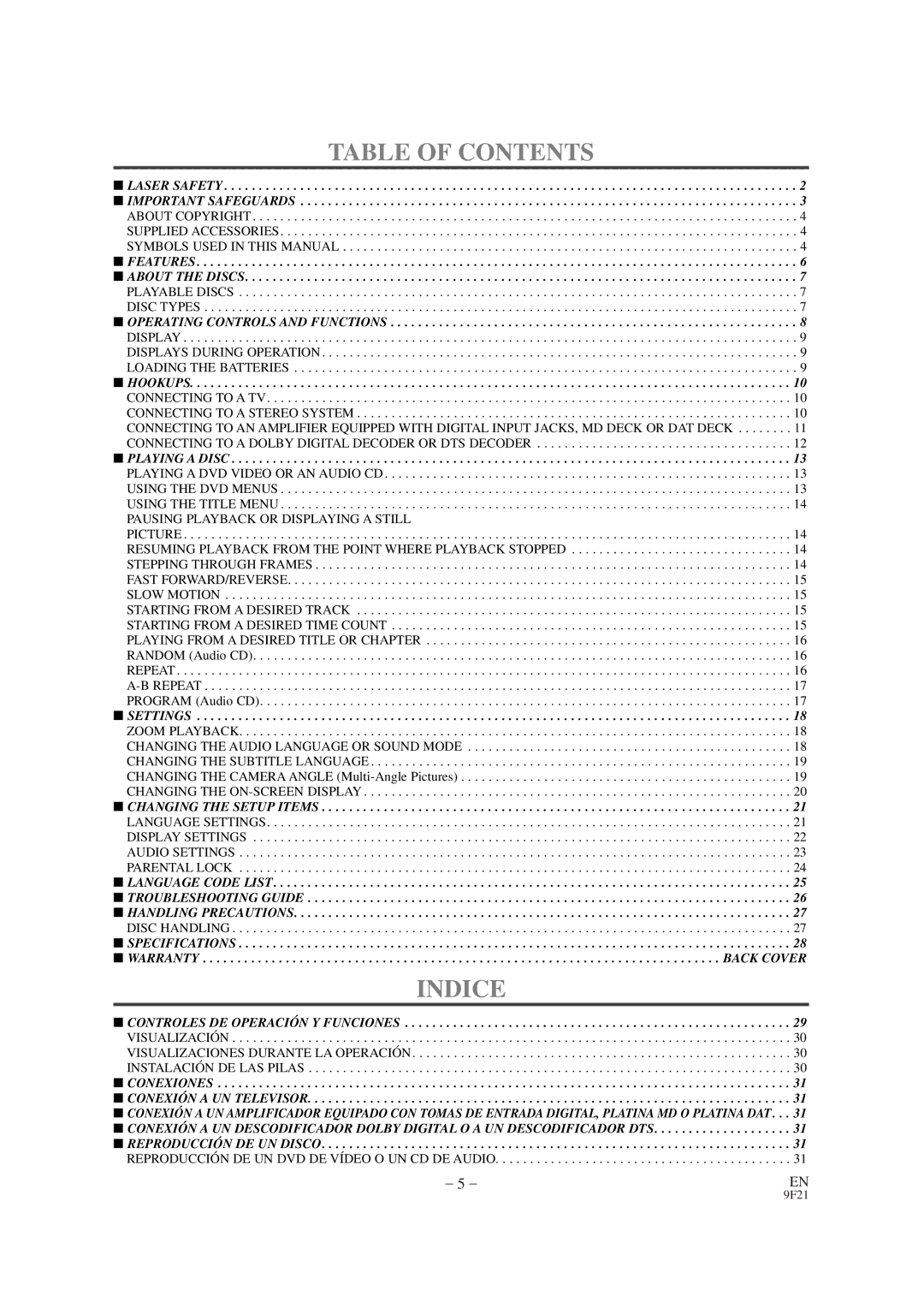 Sylvania DVL120RB owner manual Table of Contents, Indice 