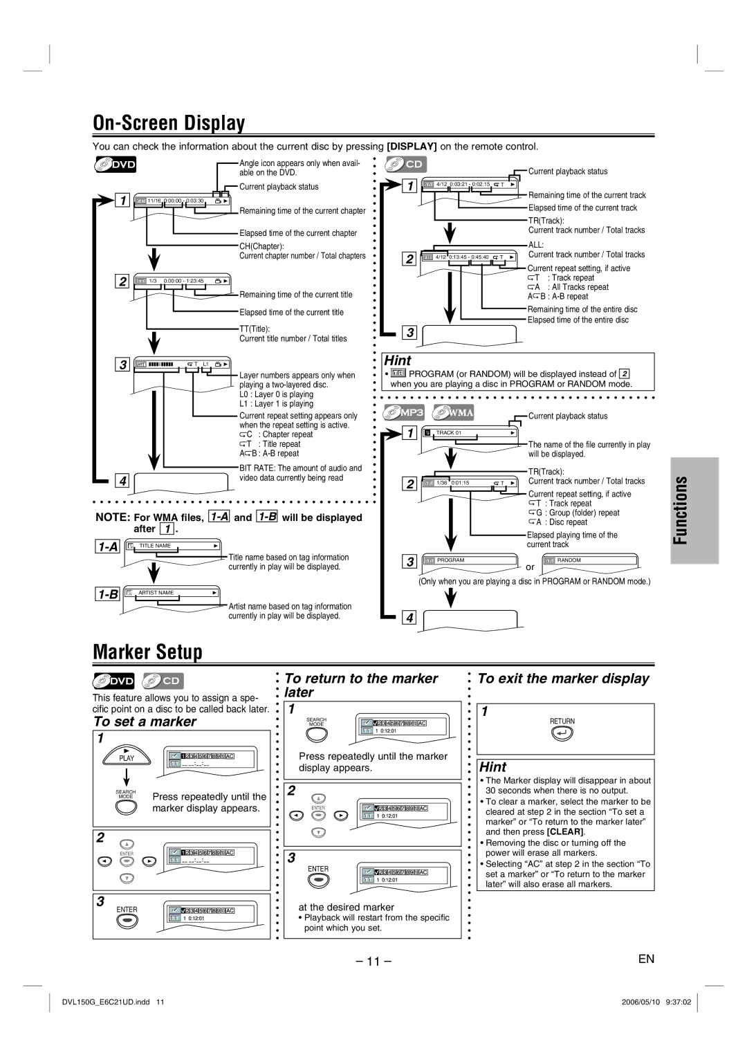 Sylvania DVL150G owner manual On-Screen Display, Marker Setup, To set a marker, To return to the marker later 