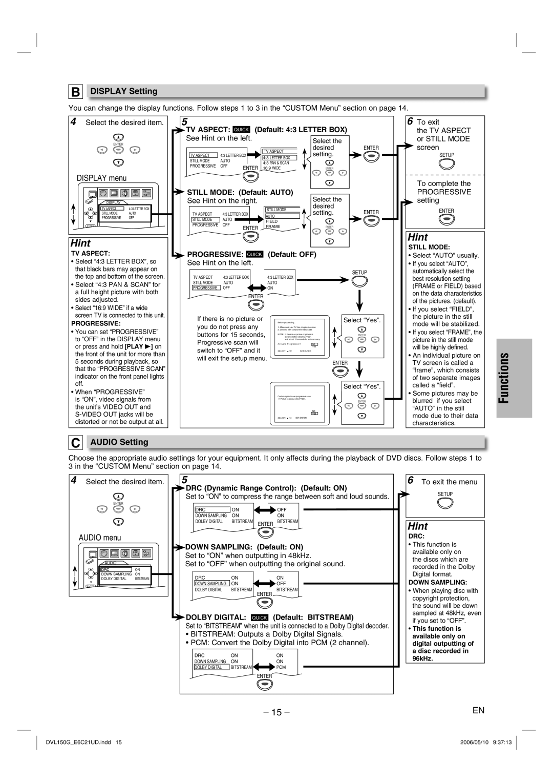 Sylvania DVL150G owner manual Display Setting, Audio Setting, TV Aspect, Progressive 