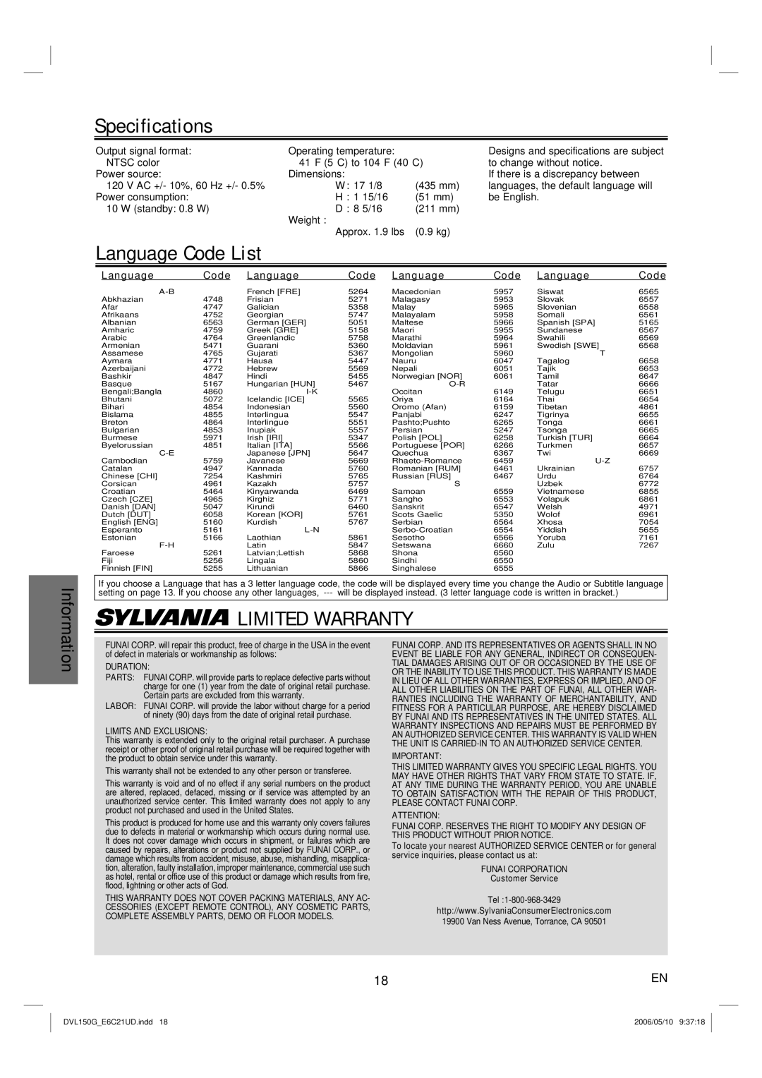 Sylvania DVL150G owner manual Specifications, Language Code List, Output signal format Operating temperature 