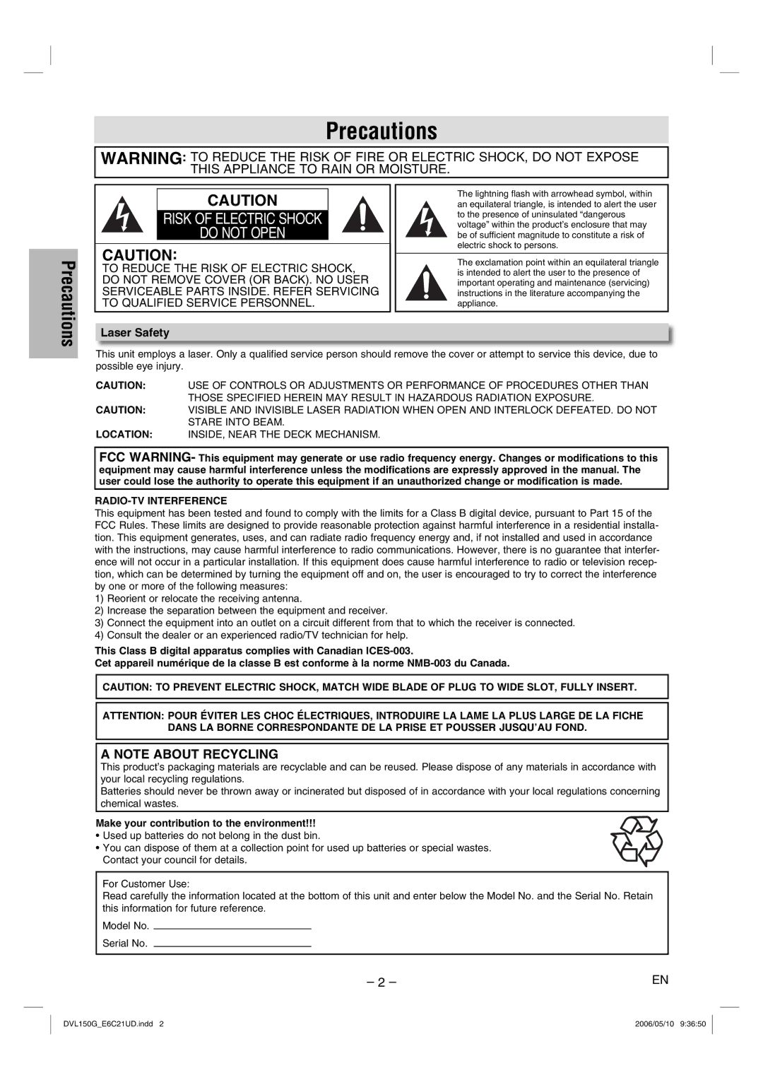 Sylvania DVL150G owner manual Precautions, Laser Safety, RADIO-TV Interference, Make your contribution to the environment 