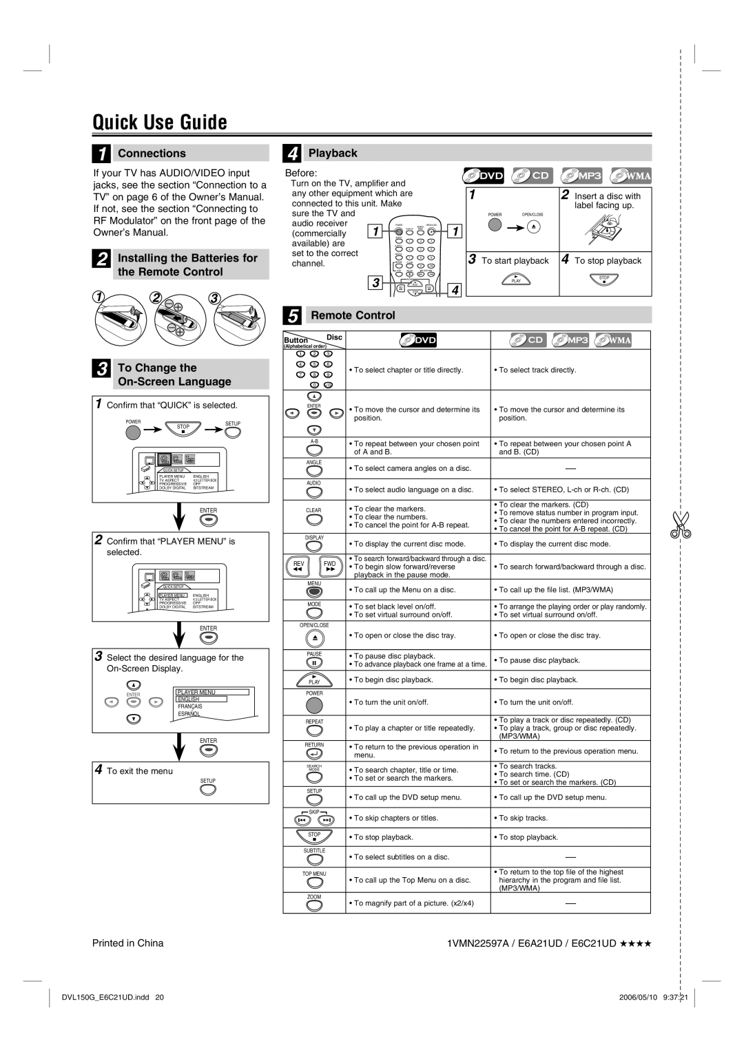 Sylvania DVL150G owner manual Quick Use Guide, To Change the On-Screen Language, Before, 1VMN22597A / E6A21UD / E6C21UD 