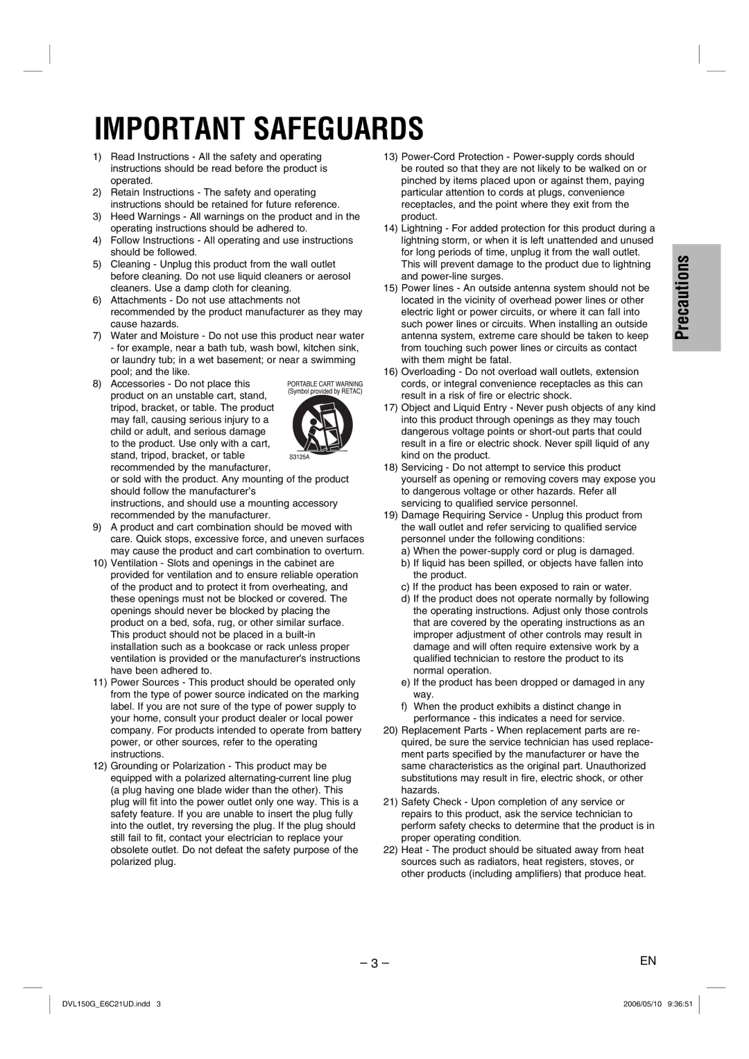 Sylvania DVL150G owner manual Important Safeguards 