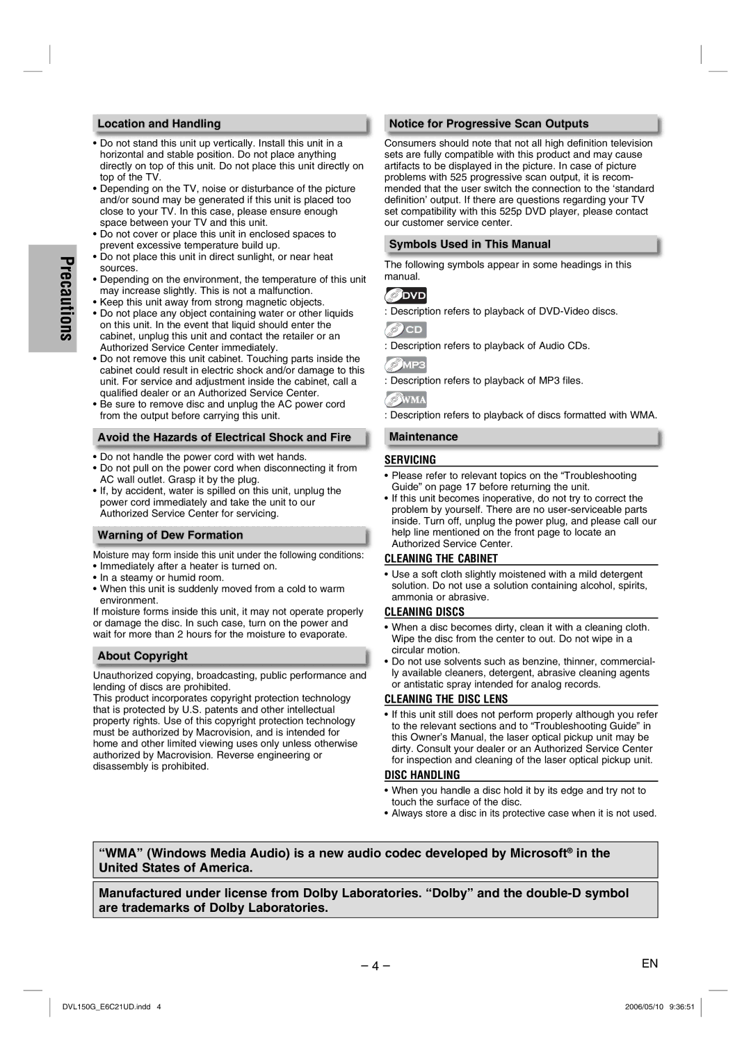 Sylvania DVL150G Location and Handling, Symbols Used in This Manual, Avoid the Hazards of Electrical Shock and Fire 