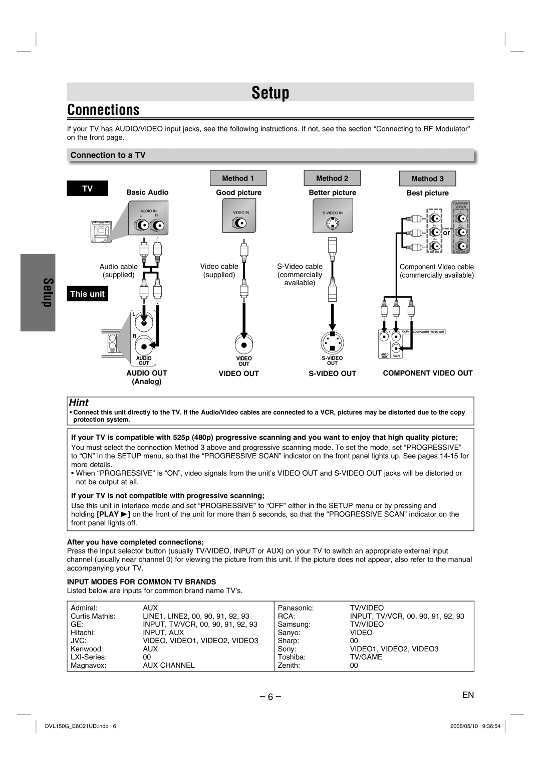 Sylvania DVL150G owner manual Setup, Connections, Connection to a TV, Audio OUT Video OUT Component Video OUT 