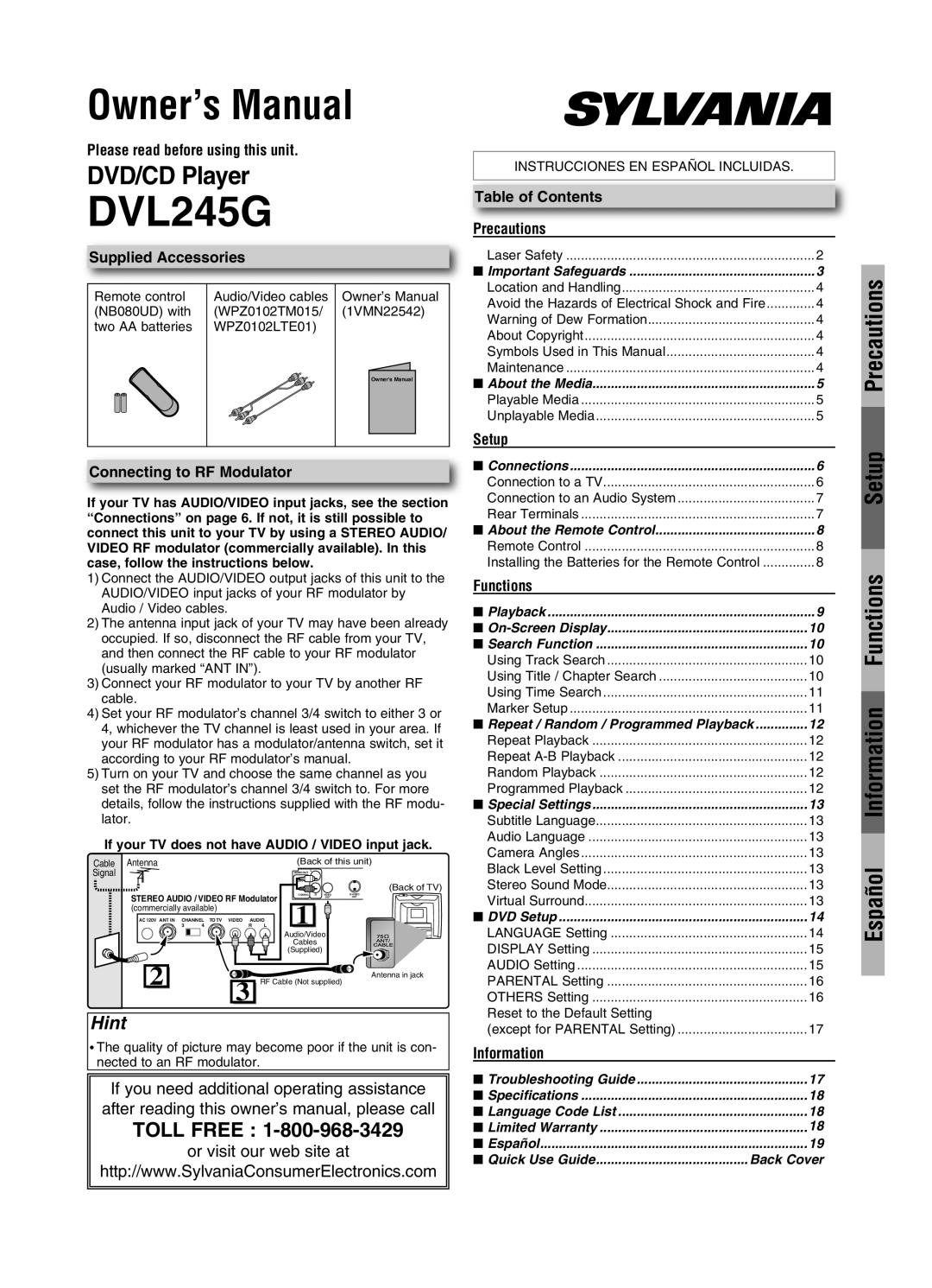 Sylvania DVL245G owner manual Please read before using this unit, Supplied Accessories, Connecting to RF Modulator, Setup 