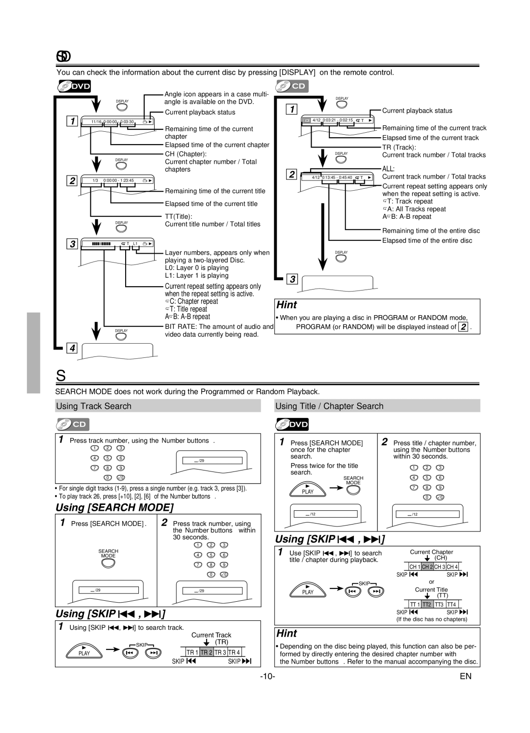 Sylvania DVL245G owner manual On-Screen Display, Search Function, Using Search Mode, Using Skip H , G 