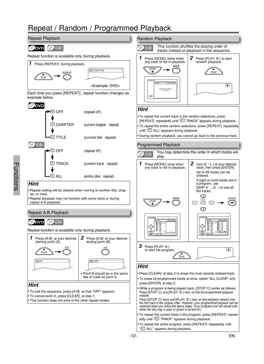 Sylvania DVL245G owner manual Repeat / Random / Programmed Playback, Repeat Playback Random Playback, Repeat A-B Playback 