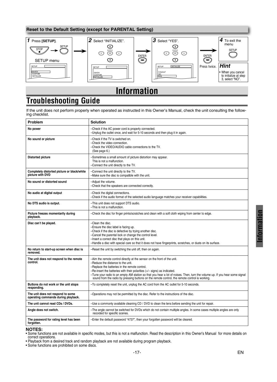 Sylvania DVL245G Information, Troubleshooting Guide, Reset to the Default Setting except for Parental Setting, Setup menu 