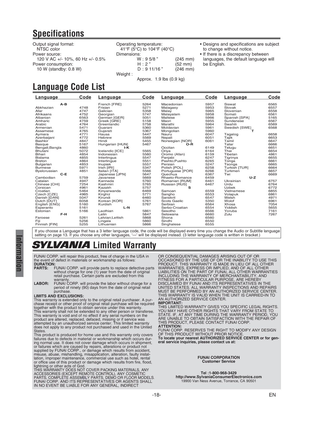 Sylvania DVL245G owner manual Specifications, Language Code List, Limited Warranty 