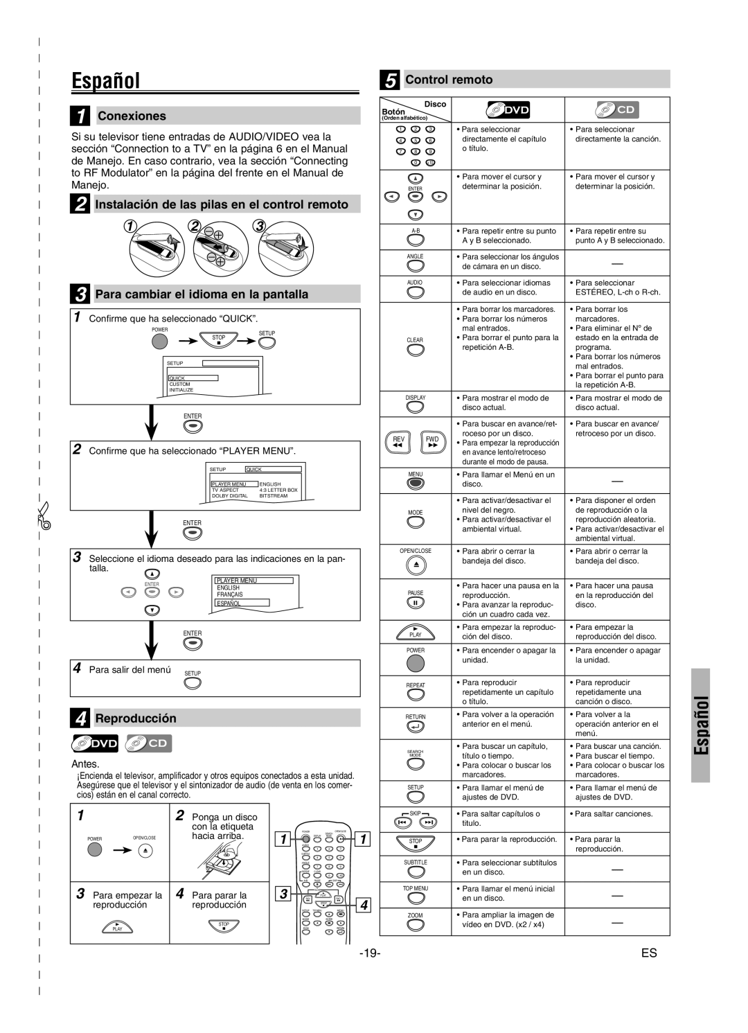 Sylvania DVL245G owner manual Español, Conexiones, Reproducción, Control remoto, Antes 