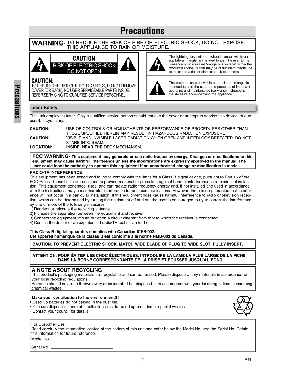 Sylvania DVL245G owner manual Precautions, Laser Safety, Make your contribution to the environment 