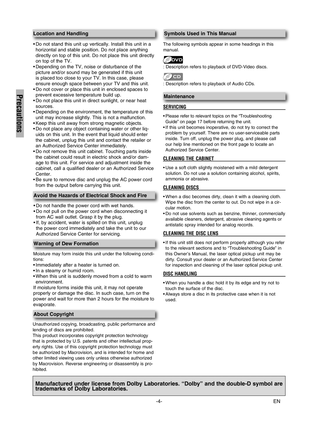 Sylvania DVL245G Location and Handling, Avoid the Hazards of Electrical Shock and Fire, Symbols Used in This Manual 