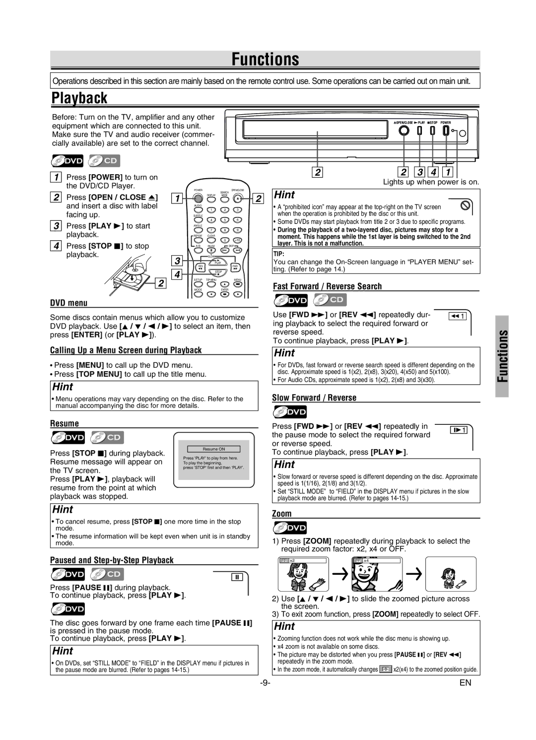 Sylvania DVL245G owner manual Functions, Playback 