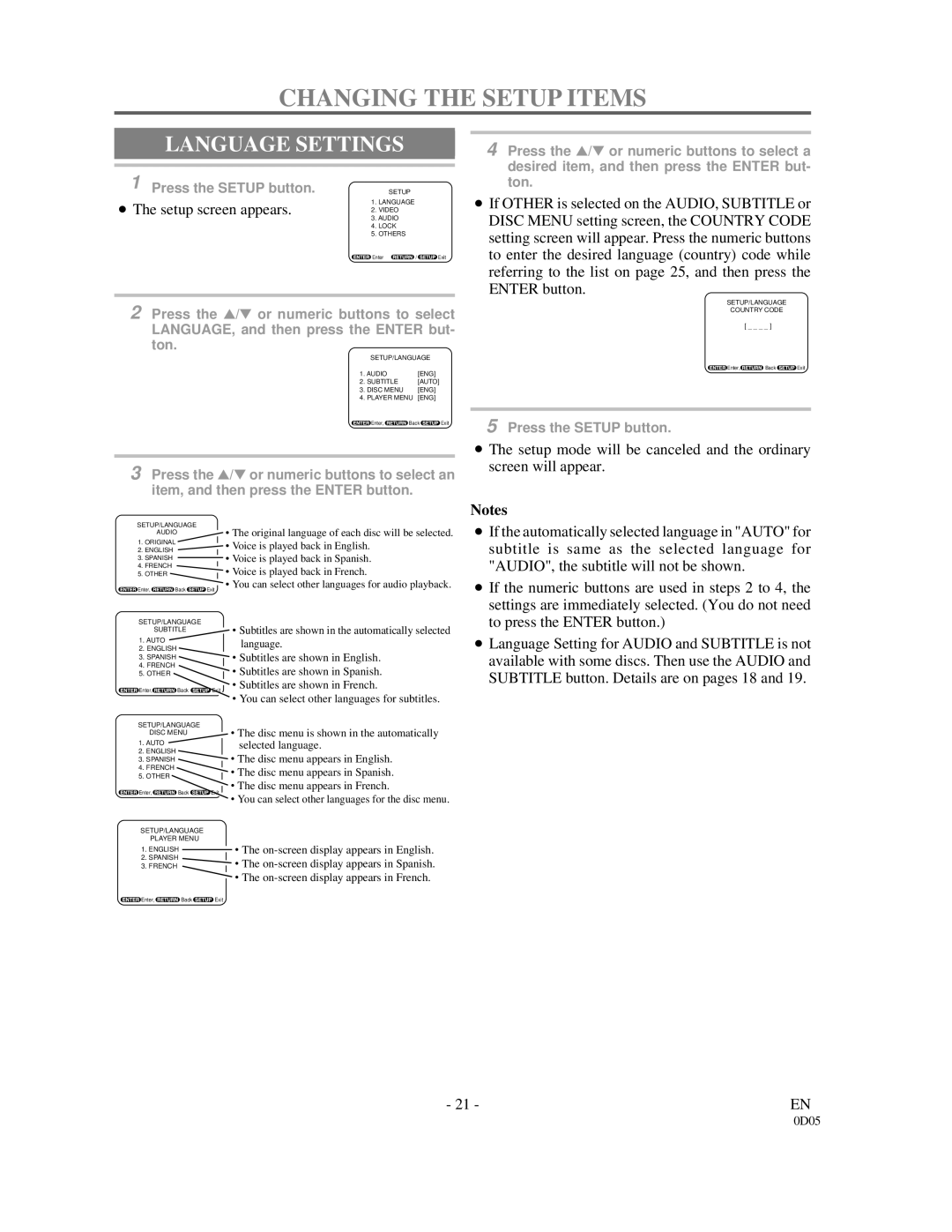 Sylvania DVL500A owner manual Changing the Setup Items, Language Settings, Setup screen appears.2. Video 