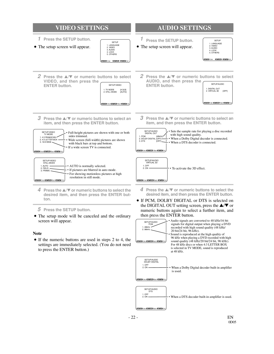 Sylvania DVL500A owner manual Video Settings, Audio Settings, Setup screen will appear . Video, 22 -EN 