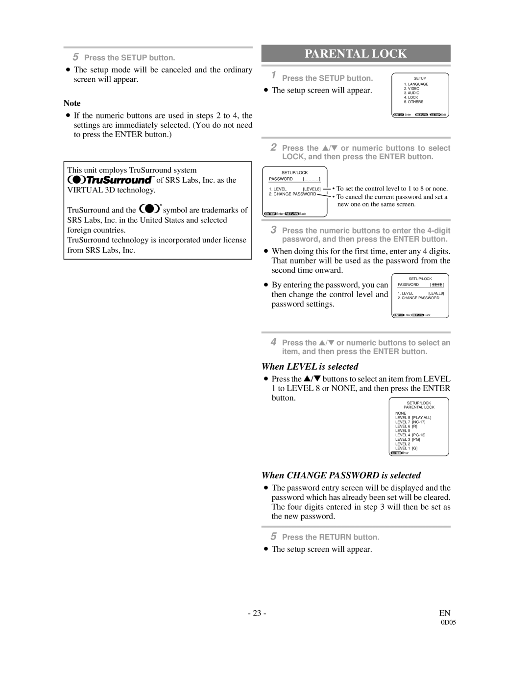 Sylvania DVL500A Parental Lock, Then change the control level, Password settings, Setup screen will appear 23 -EN 