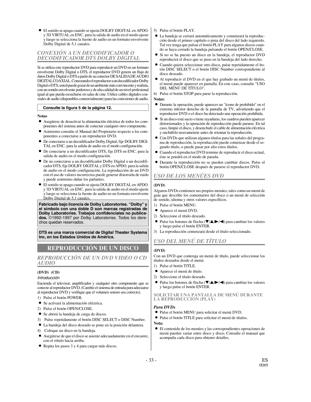 Sylvania DVL500A owner manual Reproducción DE UN Disco, Reproducción DE UN DVD Video O CD Audio, USO DE LOS Menúes DVD 