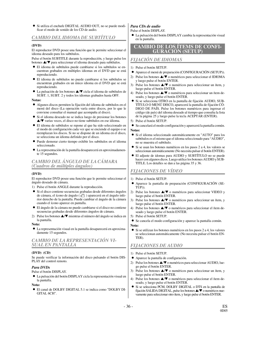 Sylvania DVL500A owner manual Cambio DE LOS Ítems DE Confi Guración Setup 