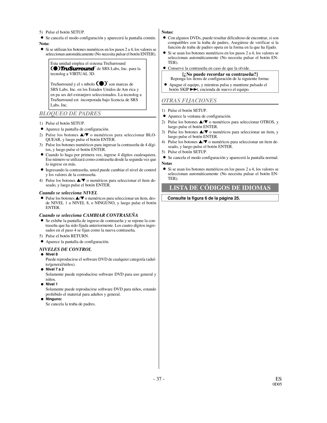 Sylvania DVL500A owner manual Lista DE Códigos DE Idiomas, Bloqueo DE Padres, Otras Fijaciones 