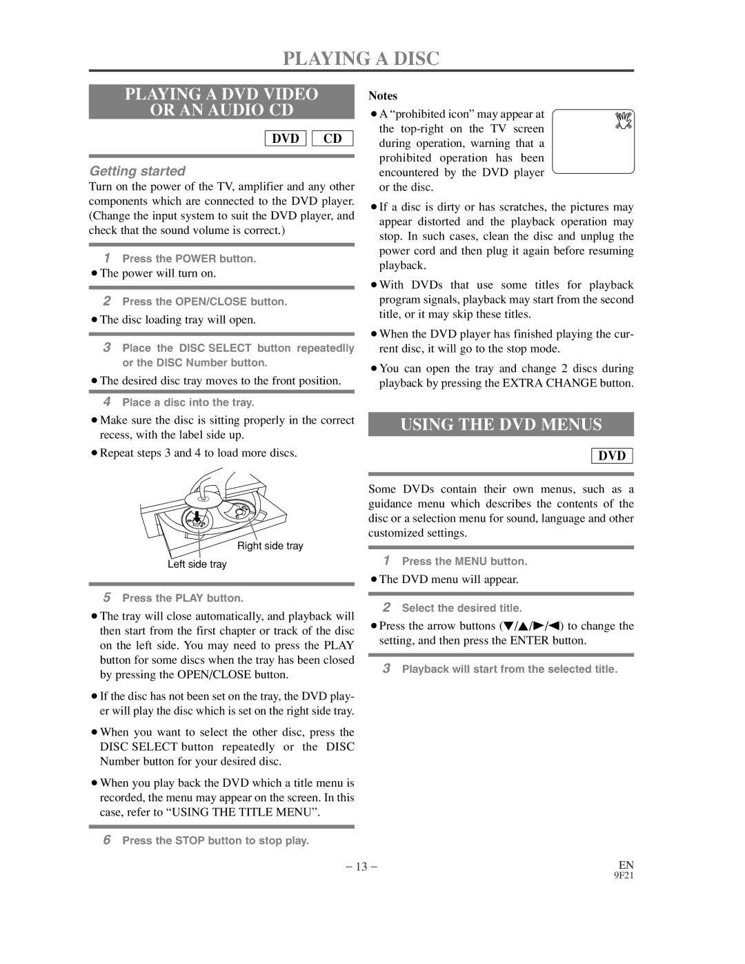 Sylvania DVL500B owner manual Playing a Disc, Playing a DVD Video Or AN Audio CD, Using the DVD Menus 