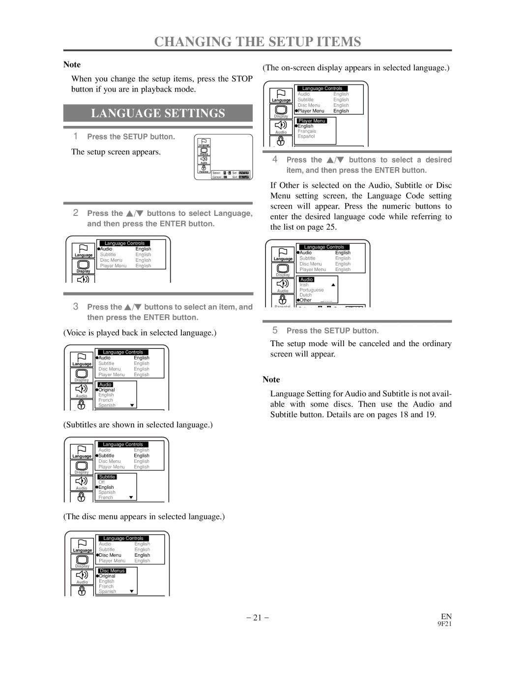 Sylvania DVL500B owner manual Changing the Setup Items, Language Settings 