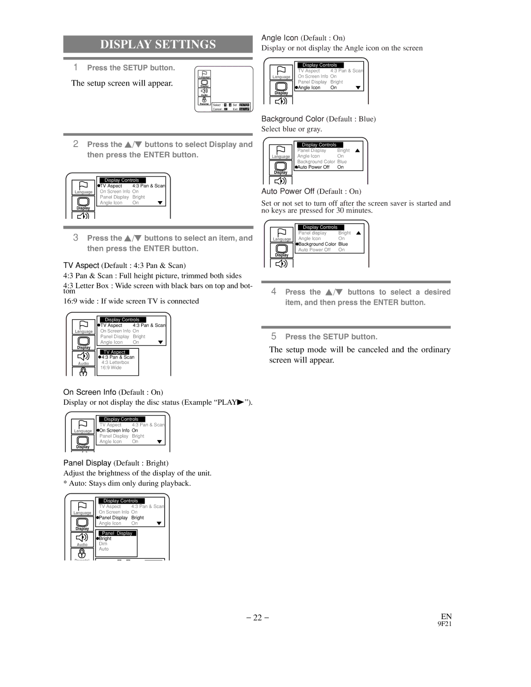 Sylvania DVL500B owner manual Display Settings, ¡The setup screen will appear 