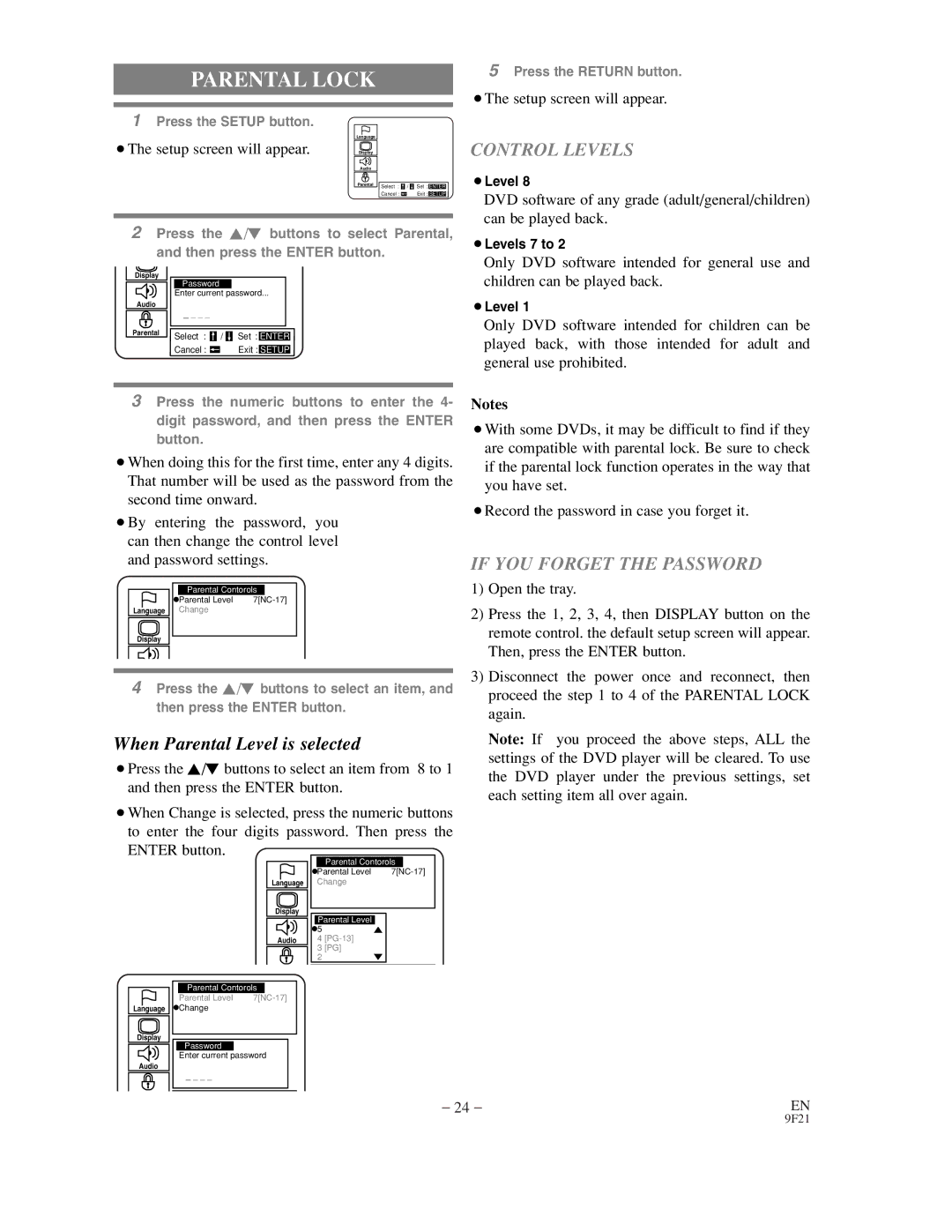 Sylvania DVL500B owner manual Parental Lock, ¡The setup screen will appear 