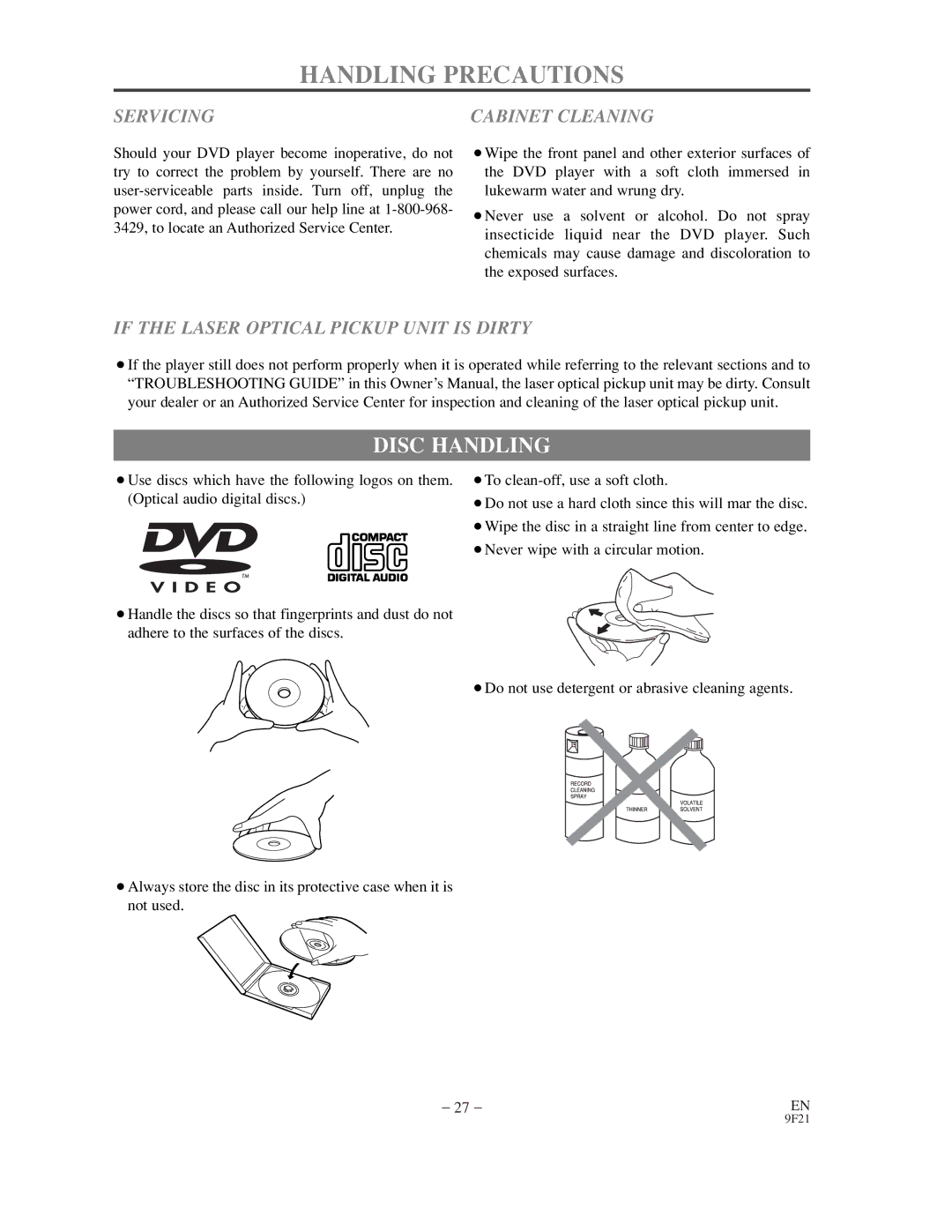 Sylvania DVL500B owner manual Handling Precautions, Disc Handling 