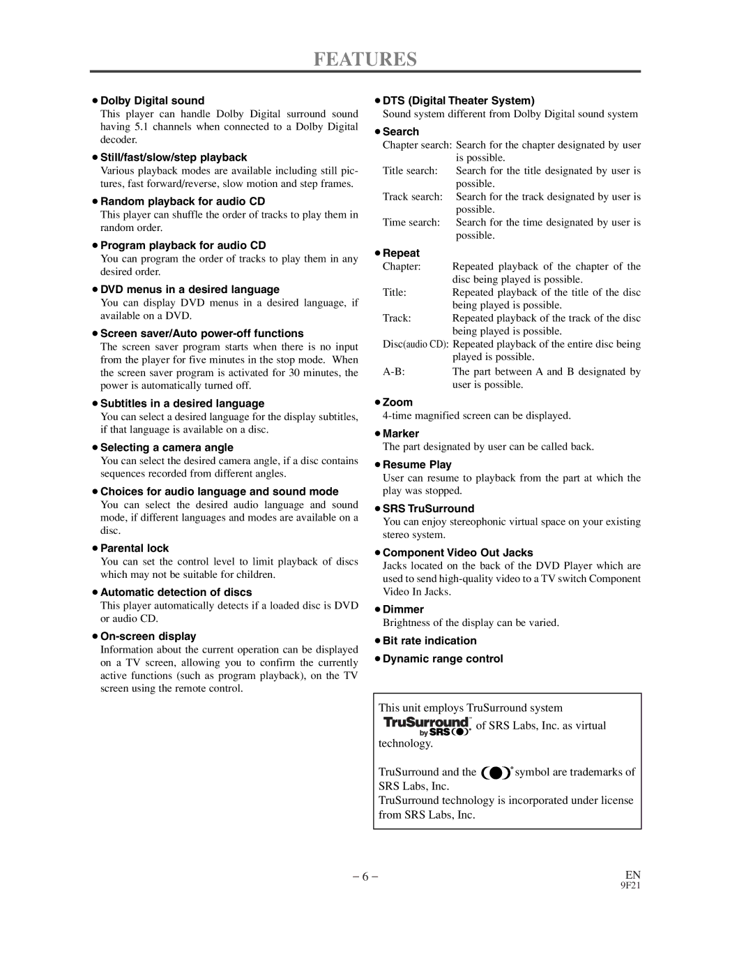 Sylvania DVL500B owner manual Features, ¡Dolby Digital sound 