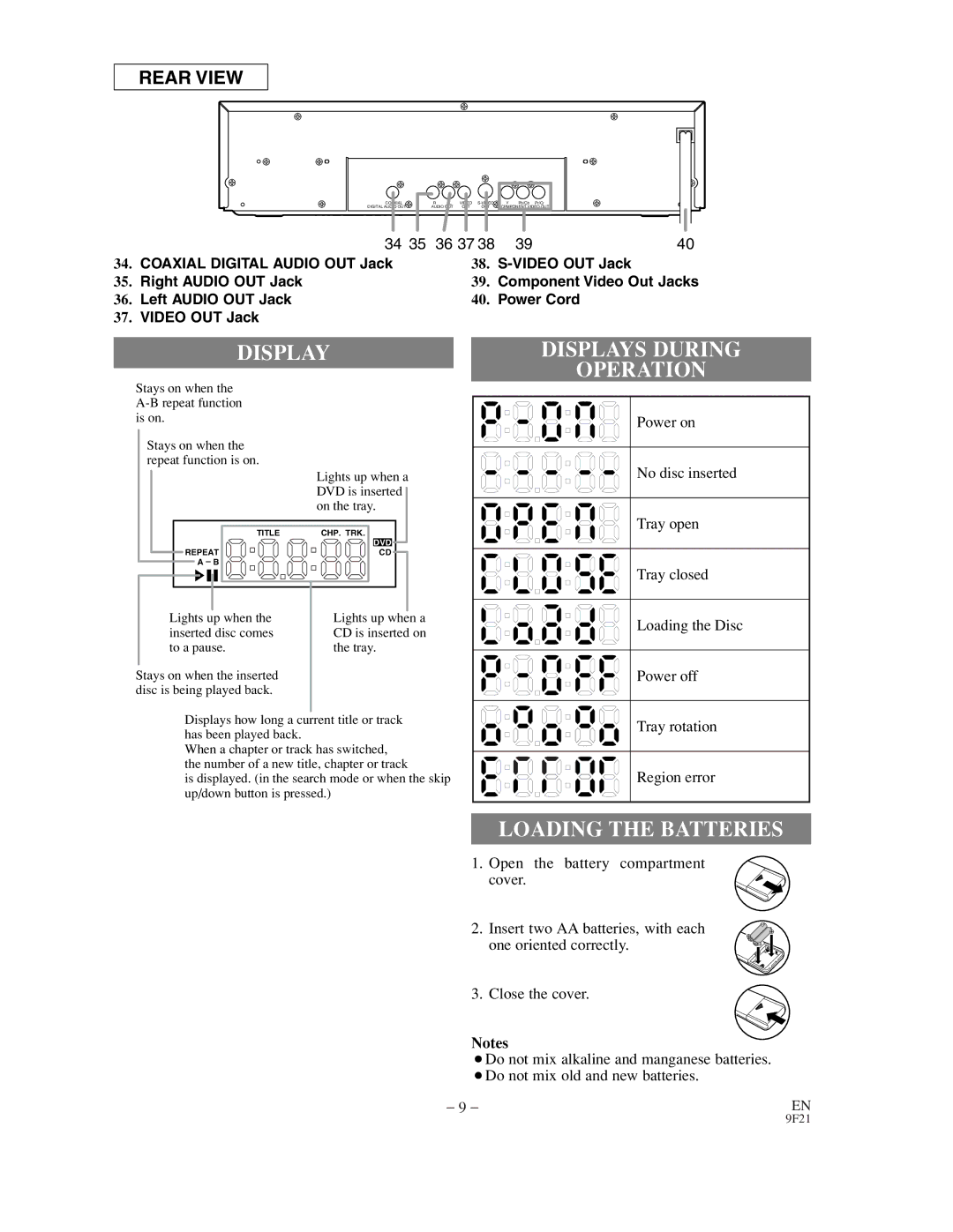 Sylvania DVL500B owner manual Displays During Operation, Loading the Batteries 