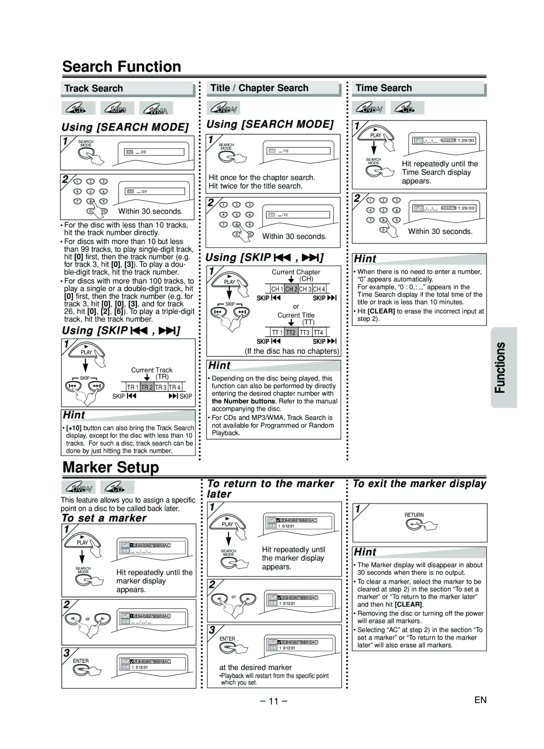 Sylvania DVL505 owner manual Search Function, Marker Setup 