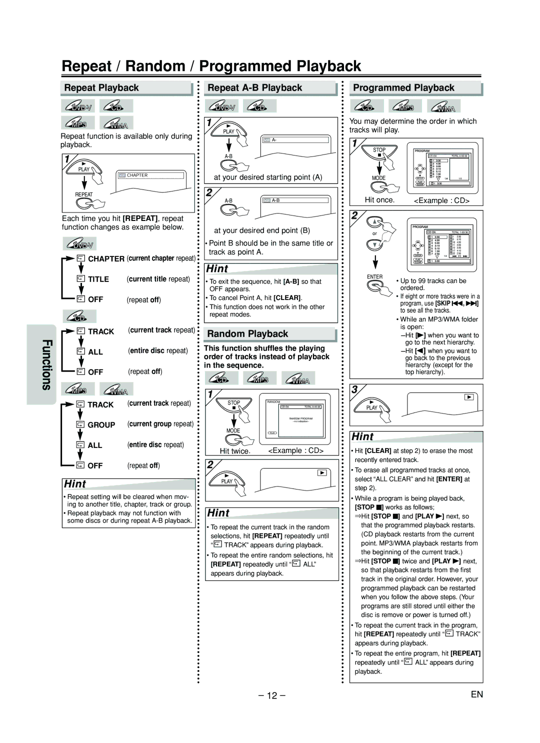 Sylvania DVL505 owner manual Repeat / Random / Programmed Playback, Repeat Playback, Repeat A-B Playback, Random Playback 