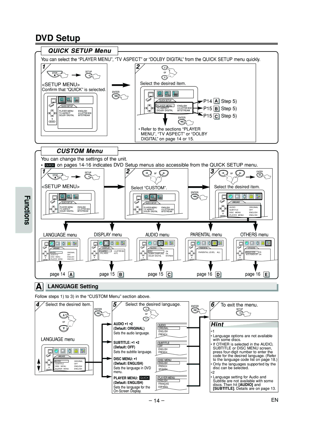 Sylvania DVL505 owner manual DVD Setup, Quick Setup Menu, Custom Menu, Language Setting 