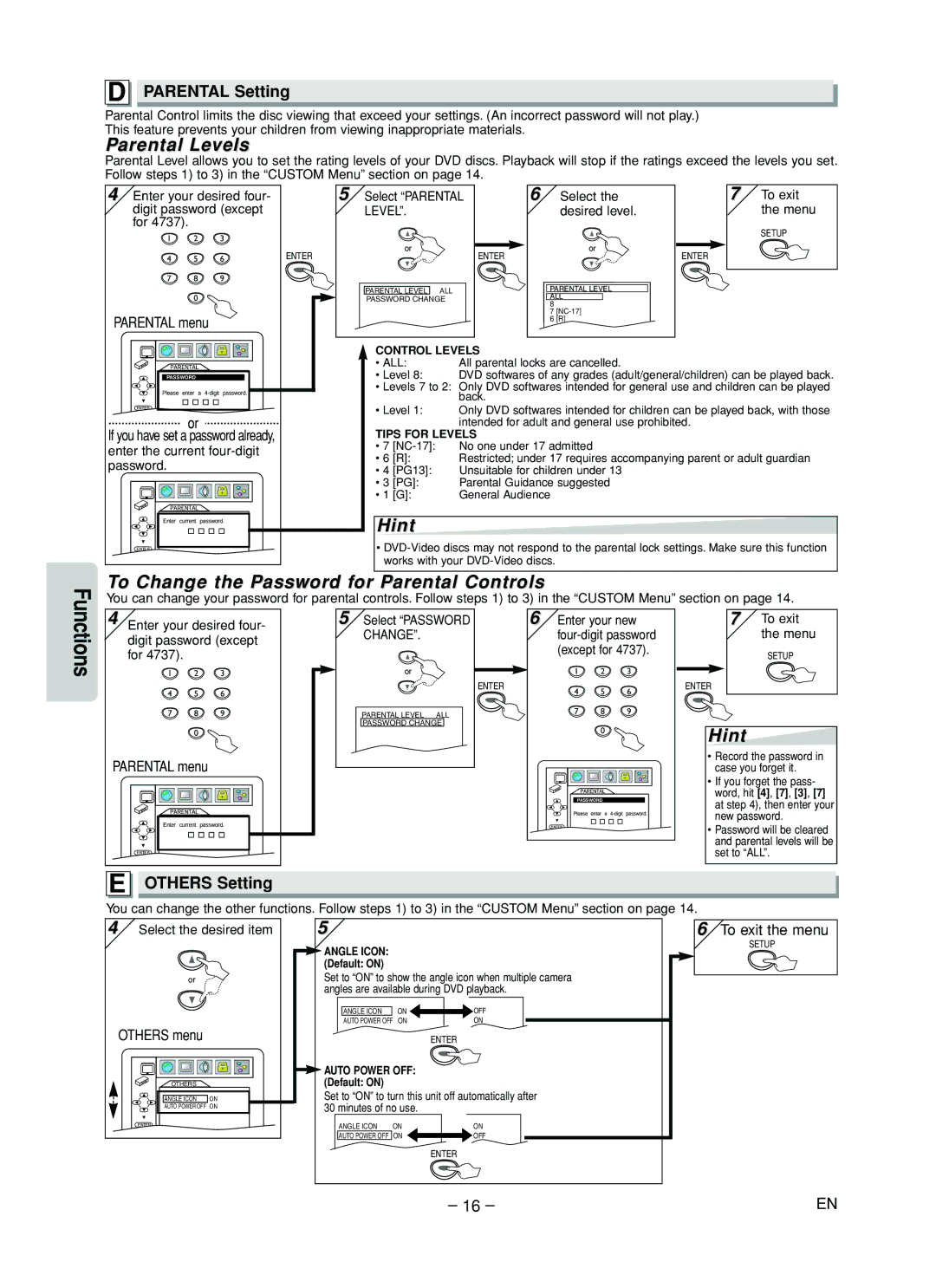 Sylvania DVL505 Parental Levels, To Change the Password for Parental Controls, Parental Setting, Others Setting 